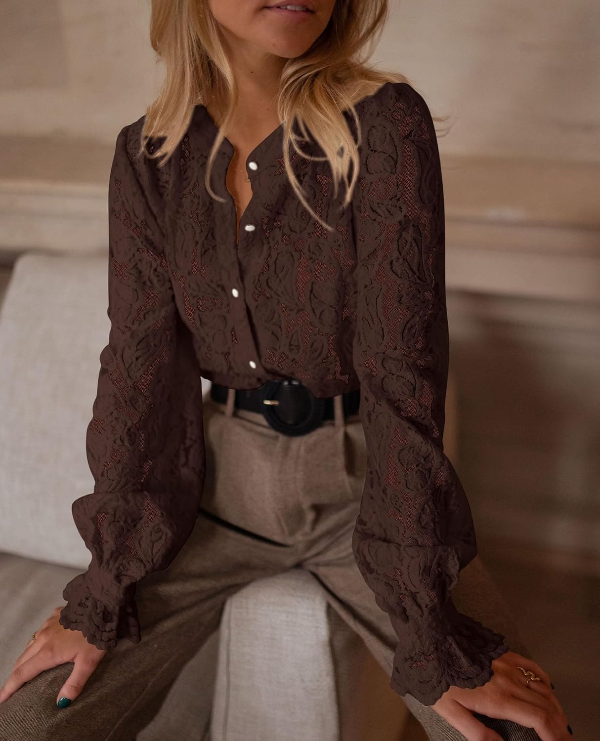 image:imagePRETTYGARDEN Womens Fall Trendy Long Sleeve Lace TopsCoffee