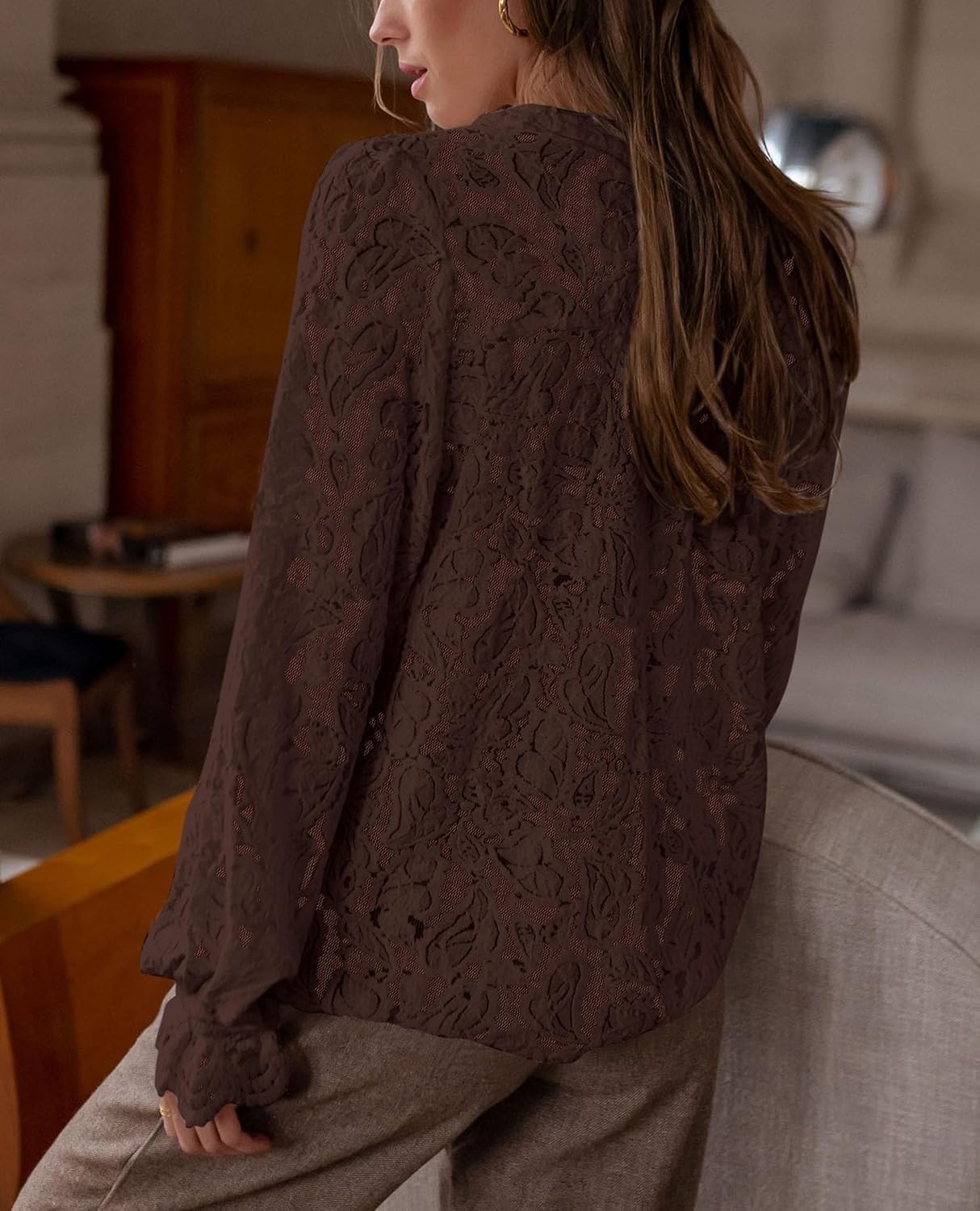 image:imagePRETTYGARDEN Womens Fall Trendy Long Sleeve Lace TopsCoffee