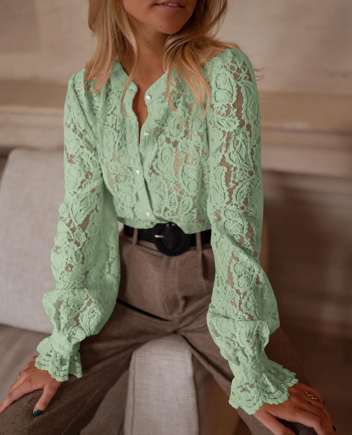 image:imagePRETTYGARDEN Womens Fall Trendy Long Sleeve Lace TopsDusty Green