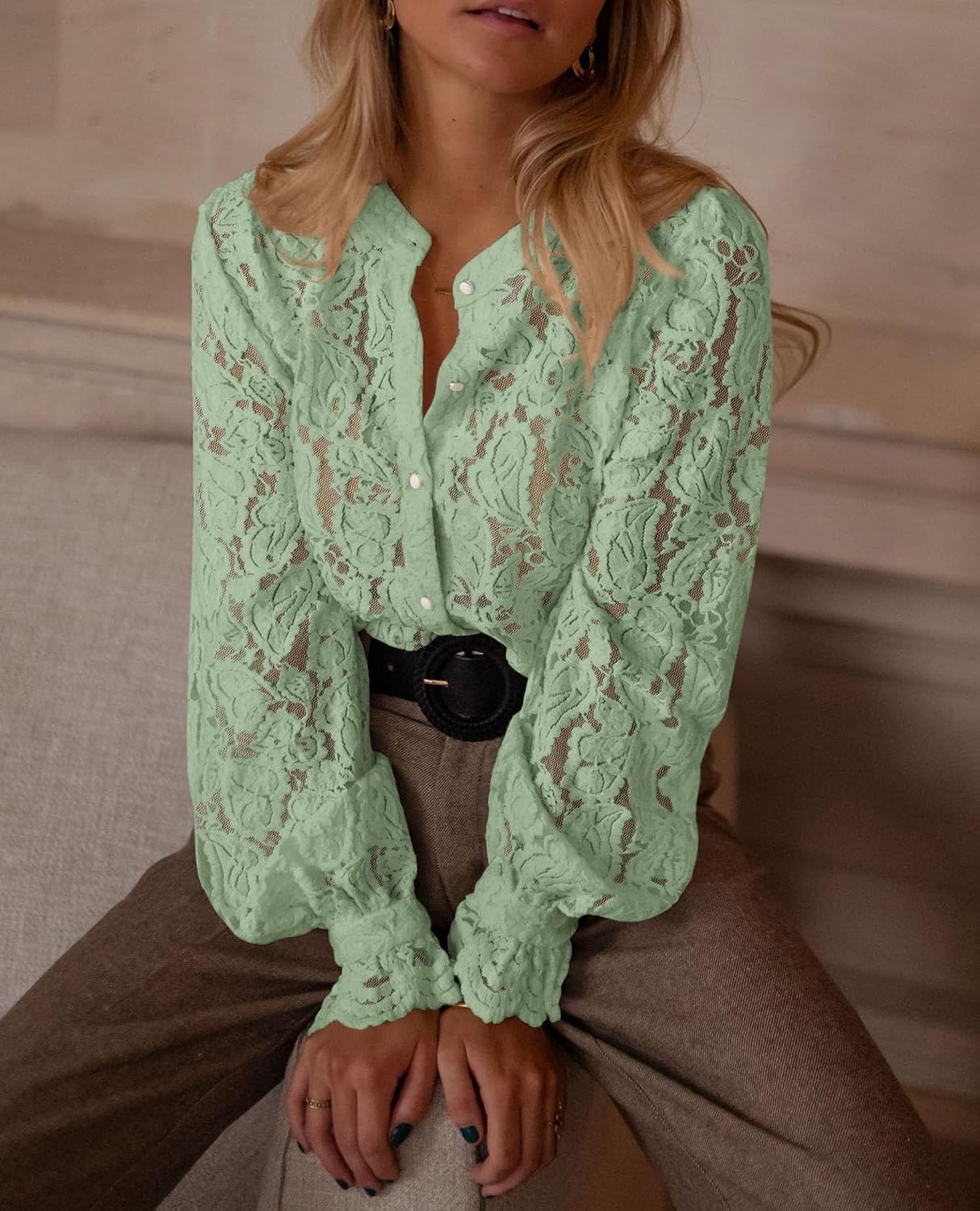 image:imagePRETTYGARDEN Womens Fall Trendy Long Sleeve Lace TopsDusty Green