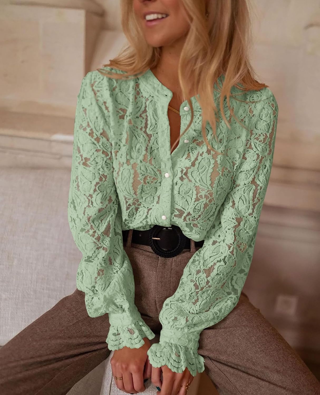 image:imagePRETTYGARDEN Womens Fall Trendy Long Sleeve Lace TopsDusty Green