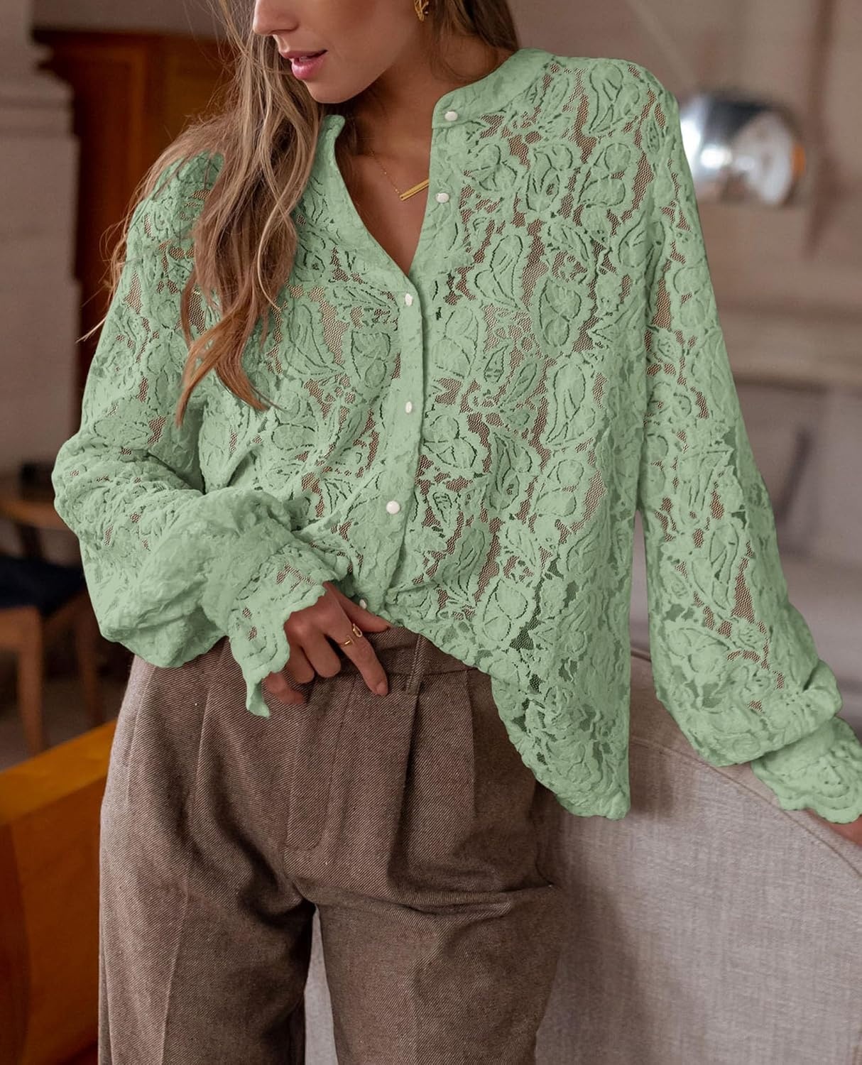 image:imagePRETTYGARDEN Womens Fall Trendy Long Sleeve Lace TopsDusty Green