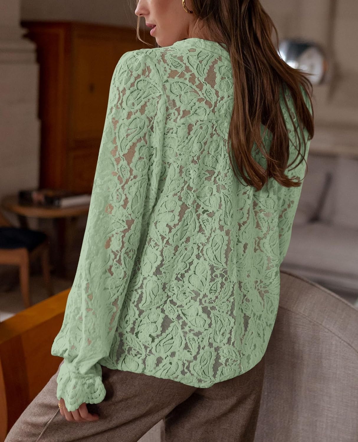 image:imagePRETTYGARDEN Womens Fall Trendy Long Sleeve Lace TopsDusty Green