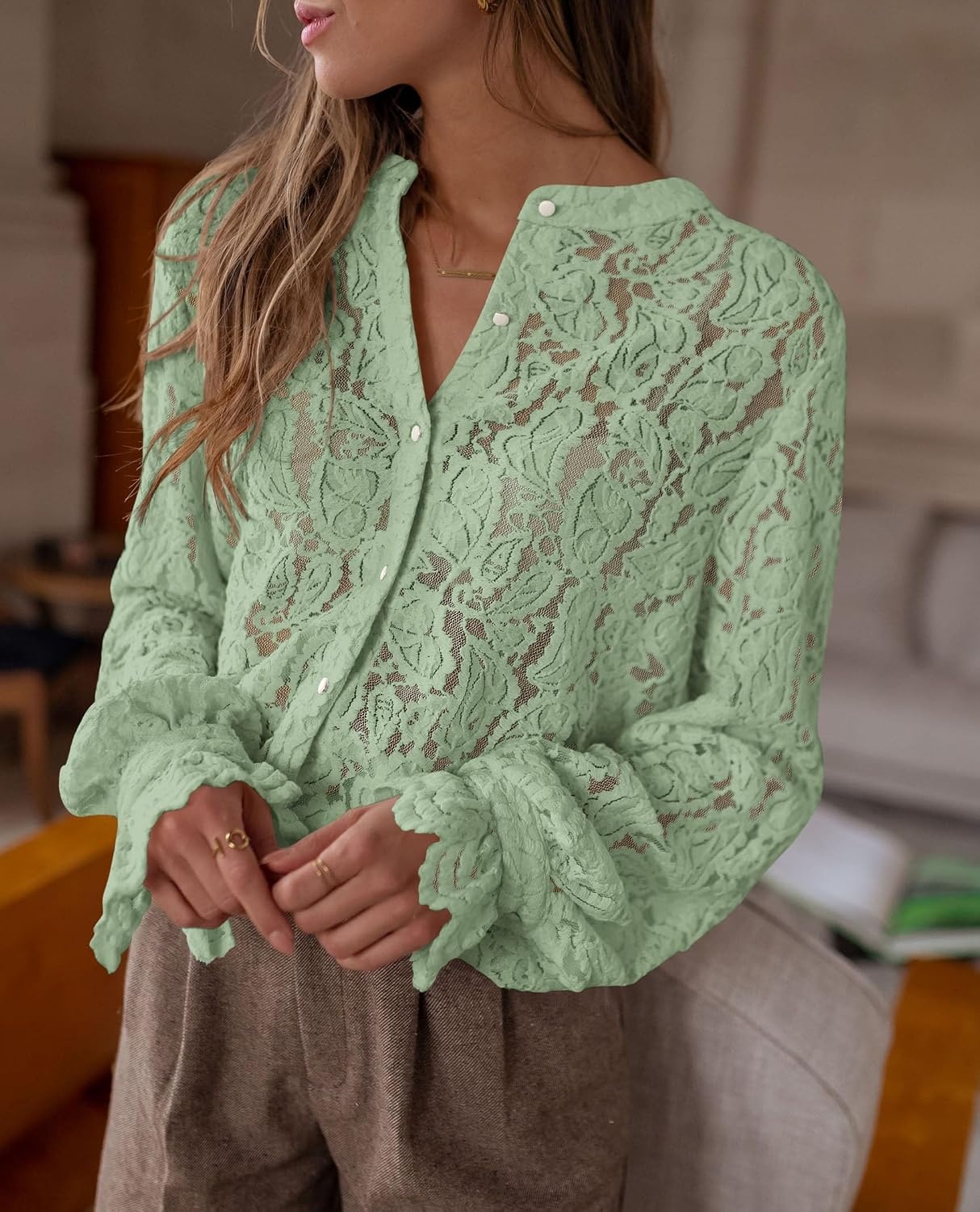 image:imagePRETTYGARDEN Womens Fall Trendy Long Sleeve Lace TopsDusty Green