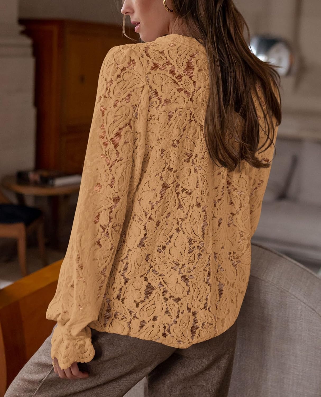image:imagePRETTYGARDEN Womens Fall Trendy Long Sleeve Lace TopsKhaki