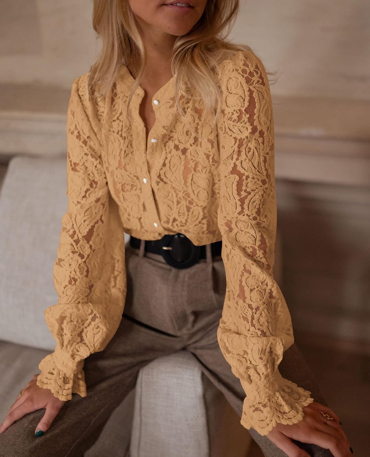 image:imagePRETTYGARDEN Womens Fall Trendy Long Sleeve Lace TopsKhaki