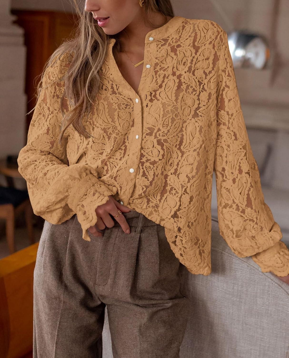 image:imagePRETTYGARDEN Womens Fall Trendy Long Sleeve Lace TopsKhaki