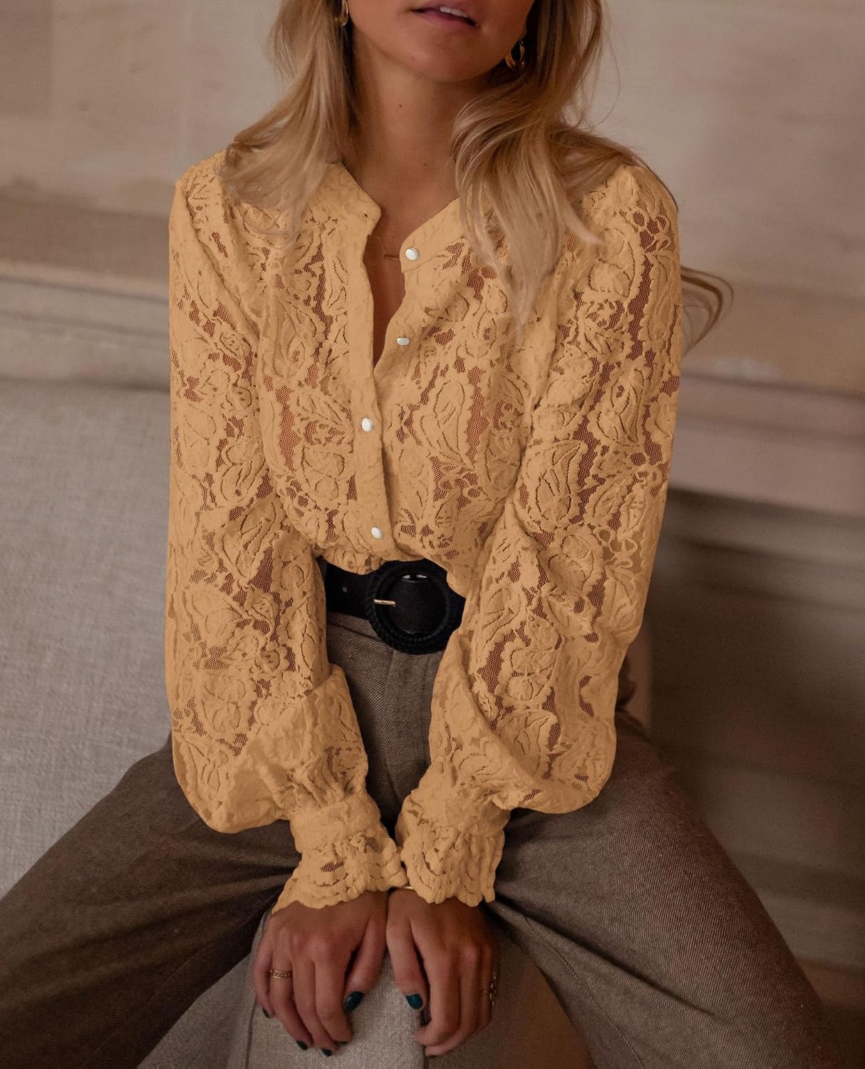 image:imagePRETTYGARDEN Womens Fall Trendy Long Sleeve Lace TopsKhaki