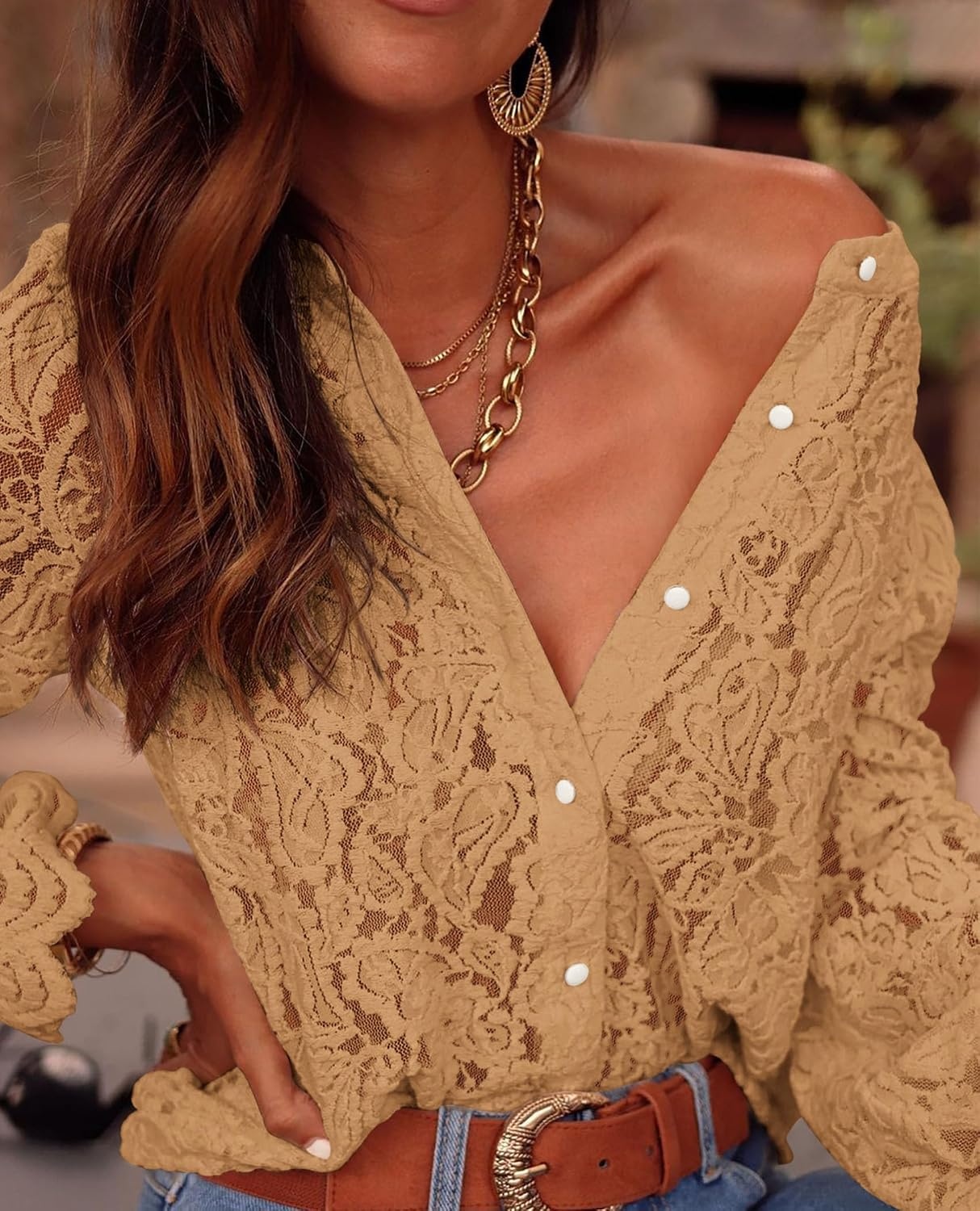 image:imagePRETTYGARDEN Womens Fall Trendy Long Sleeve Lace TopsKhaki