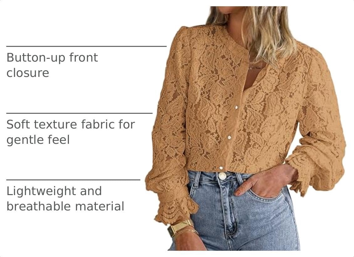 image:imagePRETTYGARDEN Womens Fall Trendy Long Sleeve Lace TopsKhaki