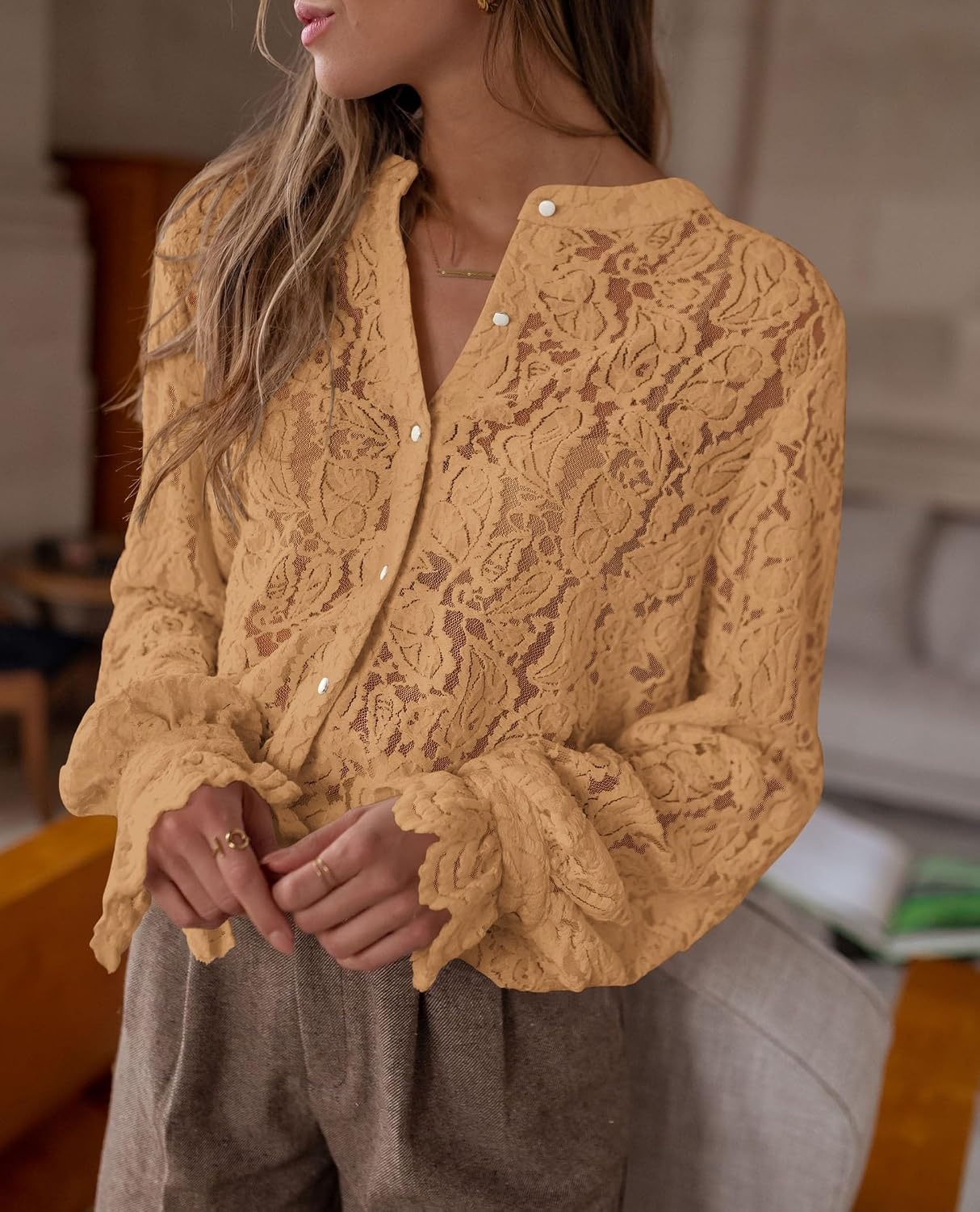 image:imagePRETTYGARDEN Womens Fall Trendy Long Sleeve Lace TopsKhaki