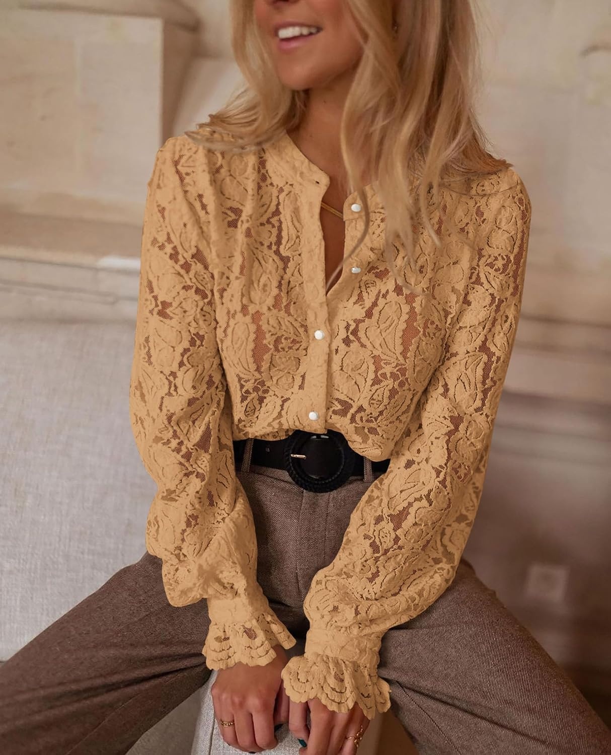 image:imagePRETTYGARDEN Womens Fall Trendy Long Sleeve Lace TopsKhaki
