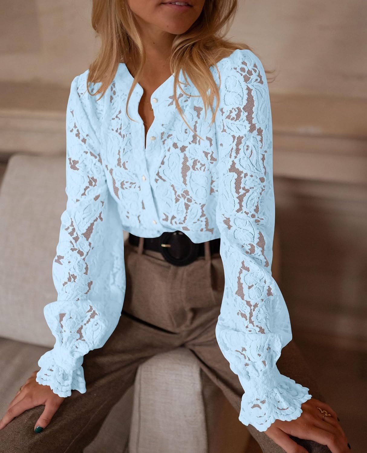 image:imagePRETTYGARDEN Womens Fall Trendy Long Sleeve Lace TopsLight Blue