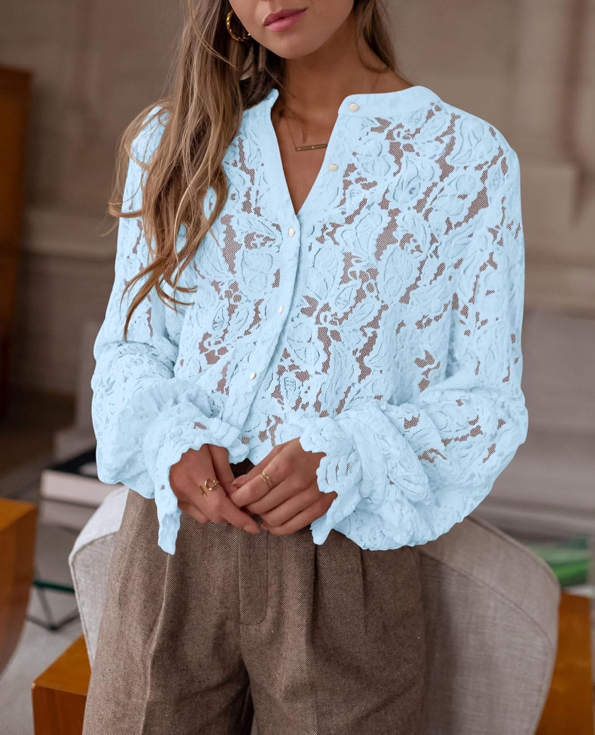 image:imagePRETTYGARDEN Womens Fall Trendy Long Sleeve Lace TopsLight Blue