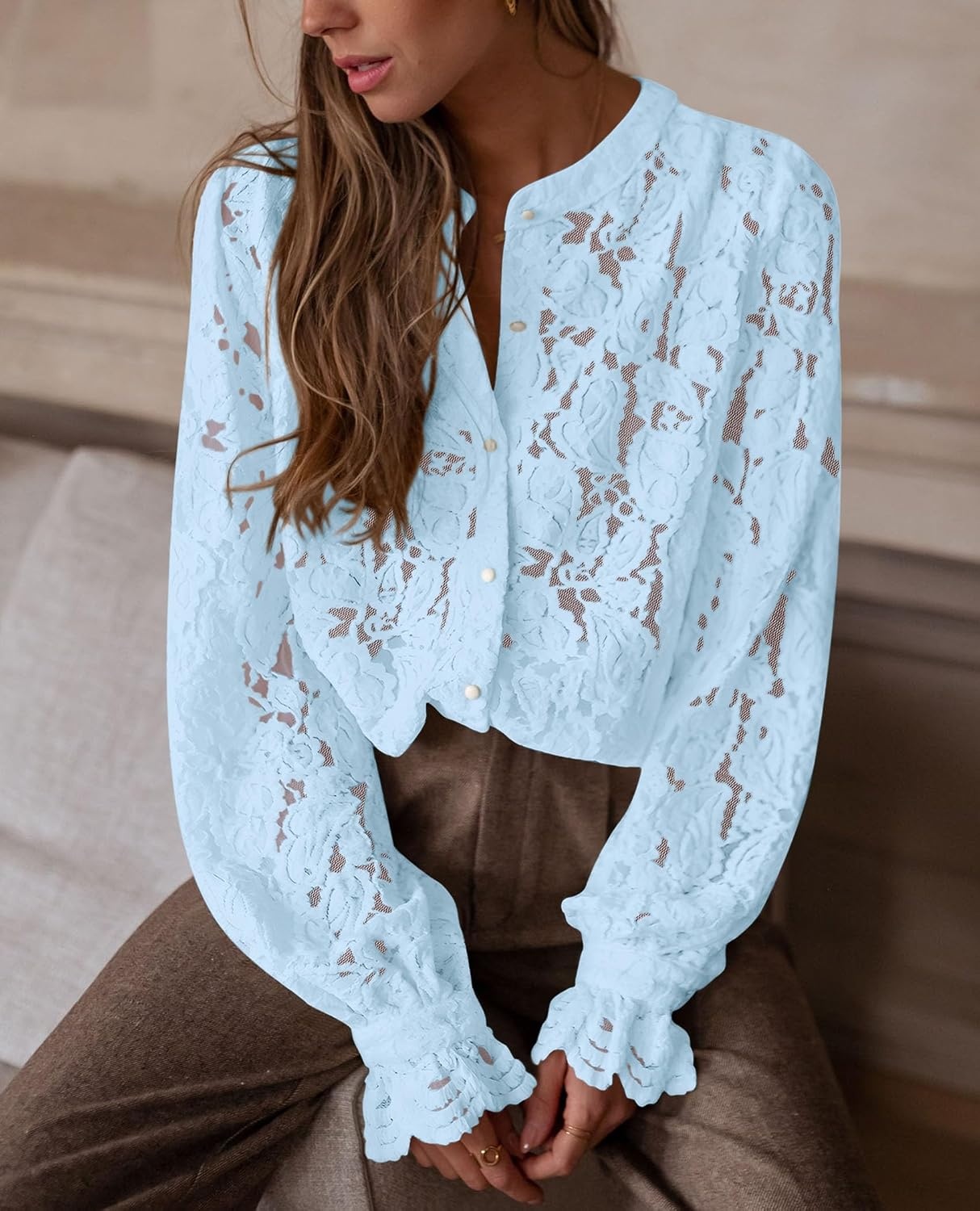image:imagePRETTYGARDEN Womens Fall Trendy Long Sleeve Lace TopsLight Blue