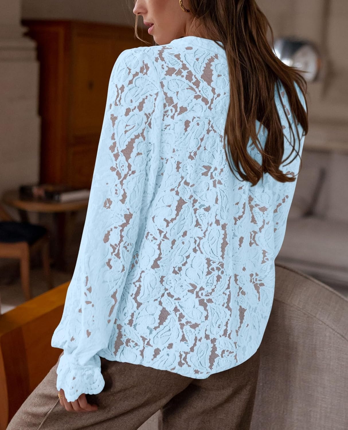 image:imagePRETTYGARDEN Womens Fall Trendy Long Sleeve Lace TopsLight Blue
