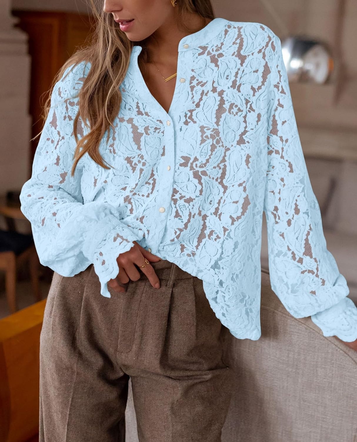 image:imagePRETTYGARDEN Womens Fall Trendy Long Sleeve Lace TopsLight Blue