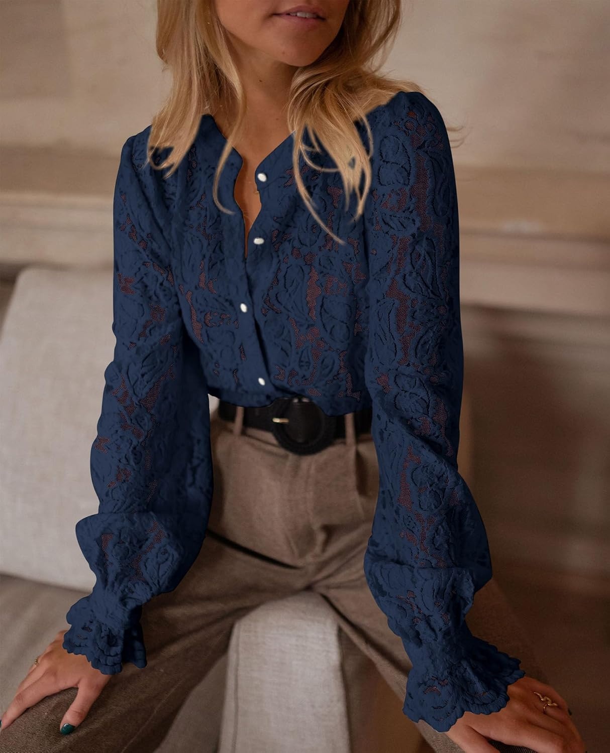 image:imagePRETTYGARDEN Womens Fall Trendy Long Sleeve Lace TopsNavy