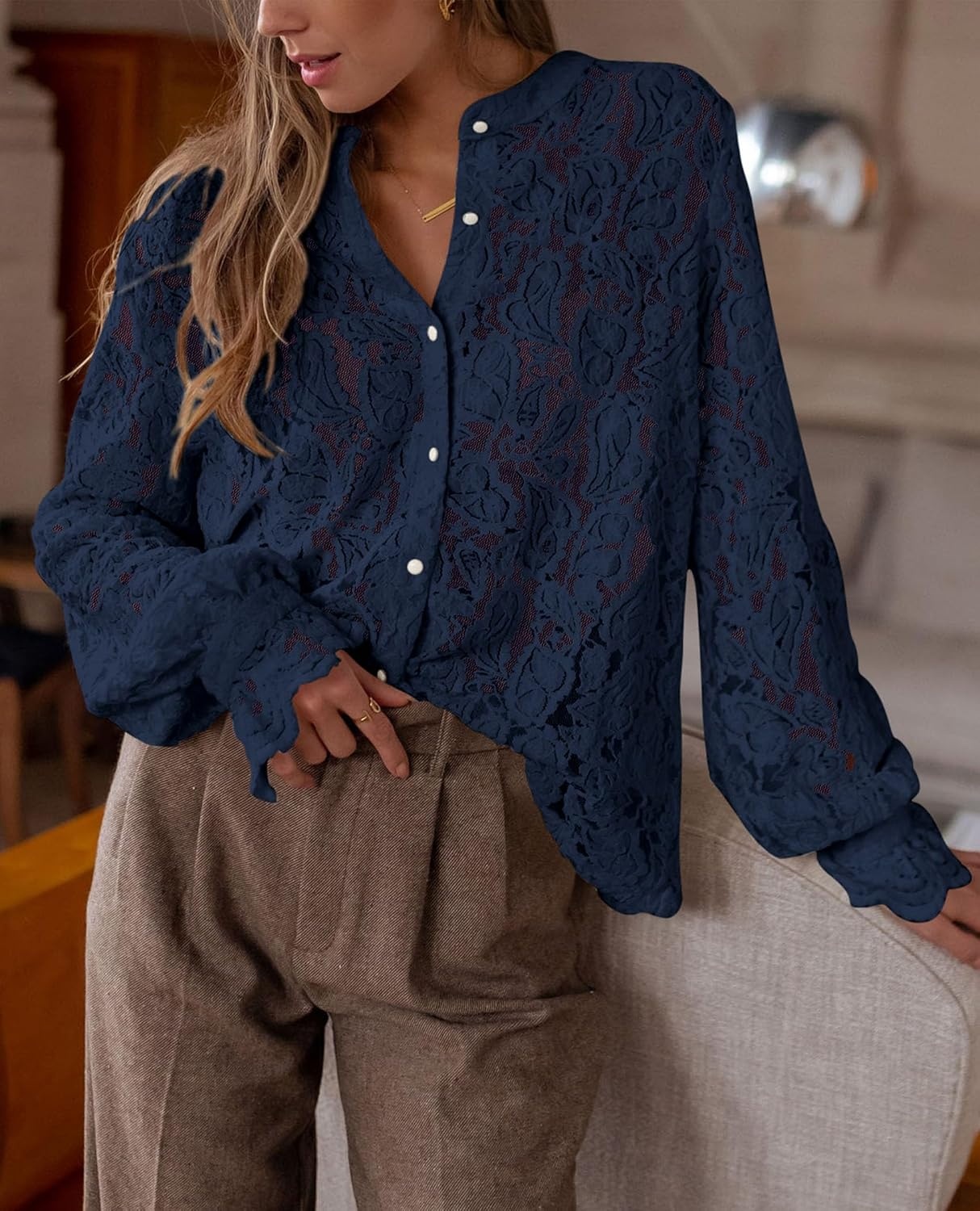 image:imagePRETTYGARDEN Womens Fall Trendy Long Sleeve Lace TopsNavy