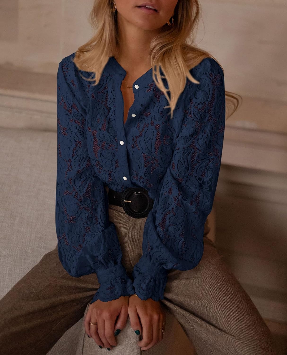 image:imagePRETTYGARDEN Womens Fall Trendy Long Sleeve Lace TopsNavy