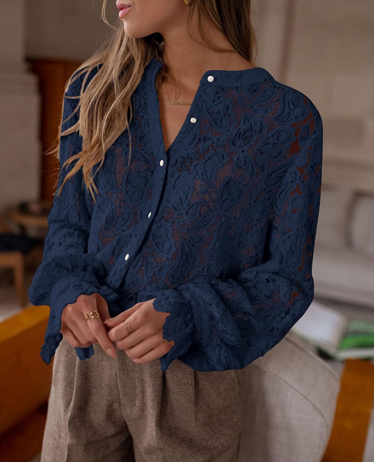 image:imagePRETTYGARDEN Womens Fall Trendy Long Sleeve Lace TopsNavy