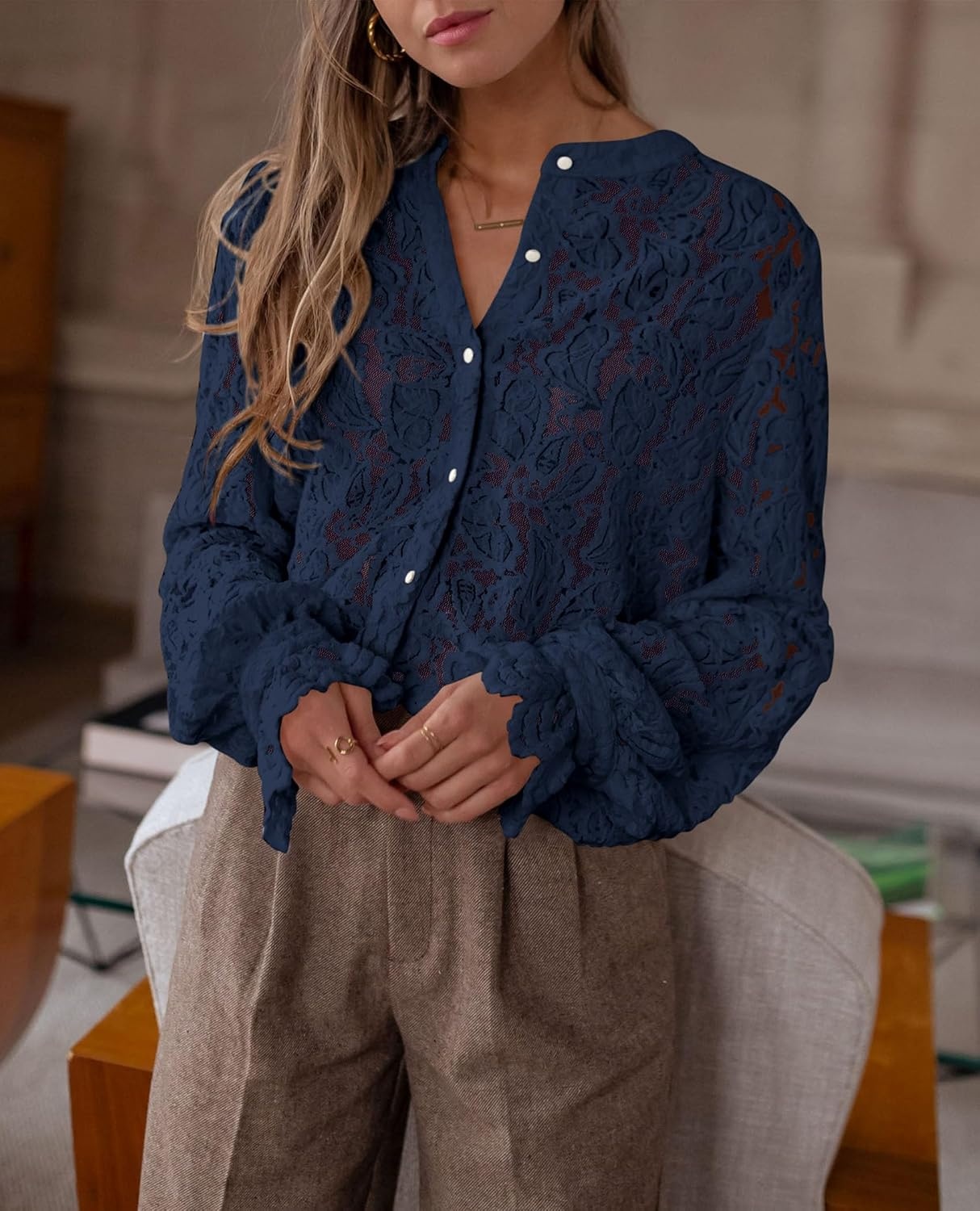 image:imagePRETTYGARDEN Womens Fall Trendy Long Sleeve Lace TopsNavy