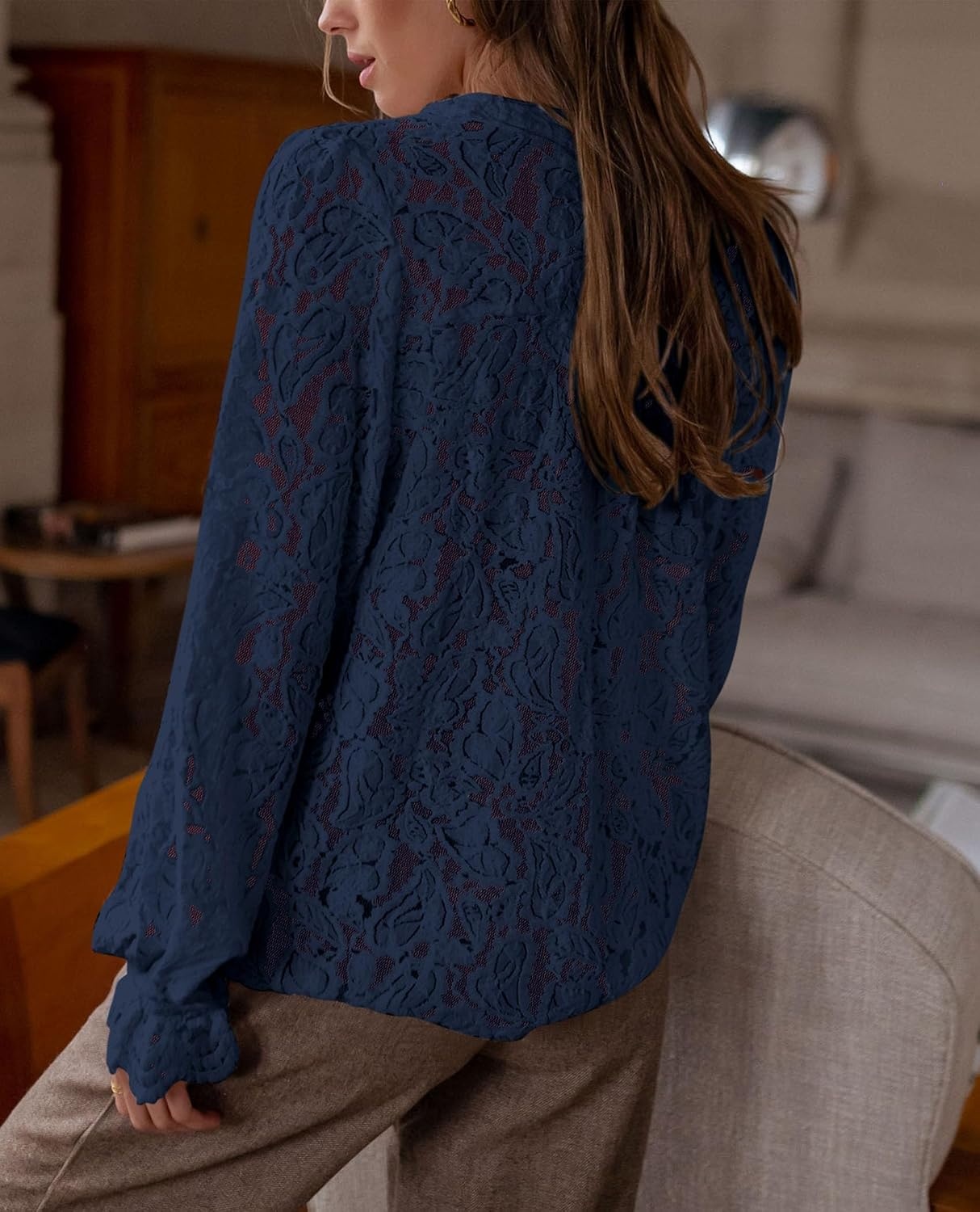 image:imagePRETTYGARDEN Womens Fall Trendy Long Sleeve Lace TopsNavy