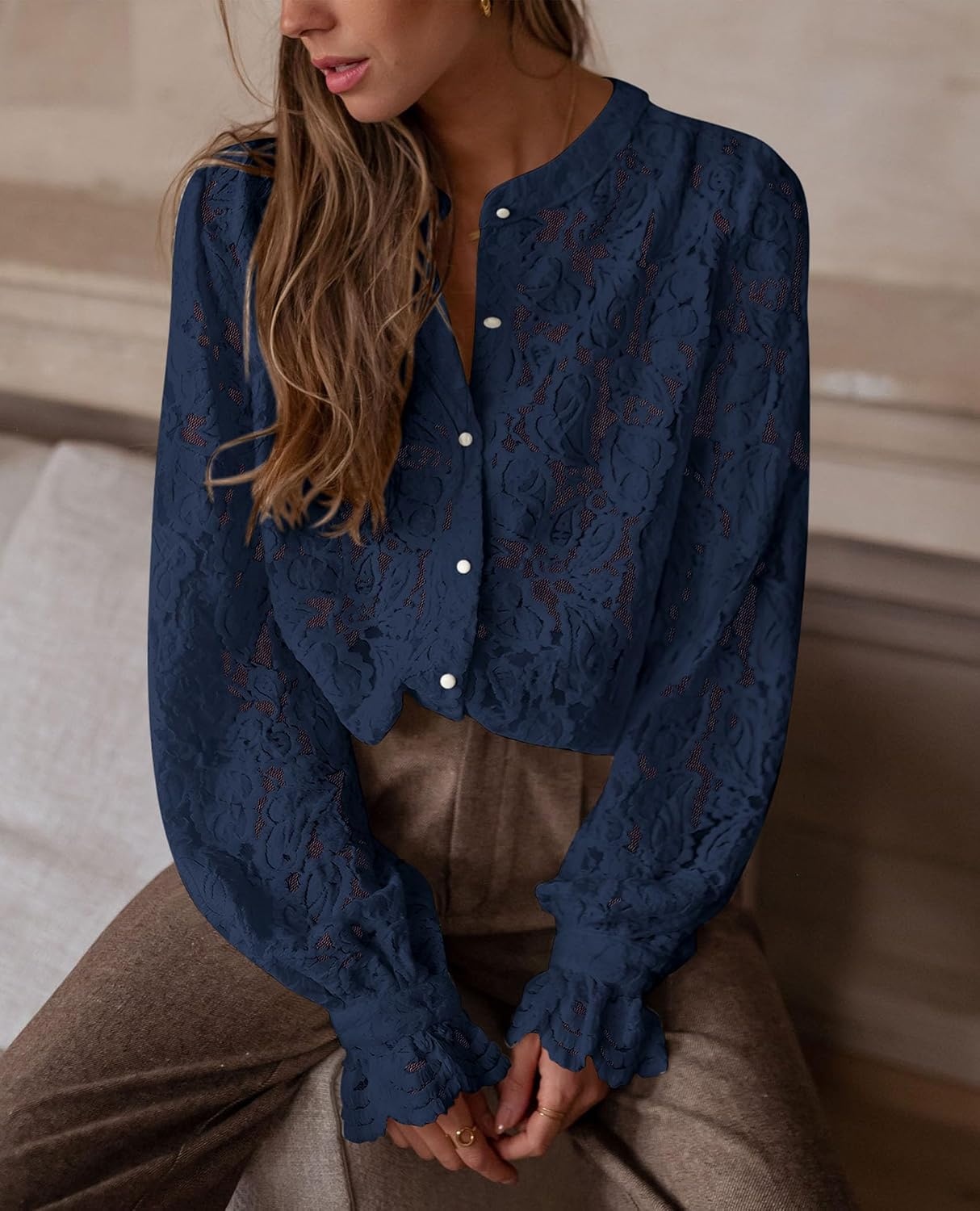image:imagePRETTYGARDEN Womens Fall Trendy Long Sleeve Lace TopsNavy