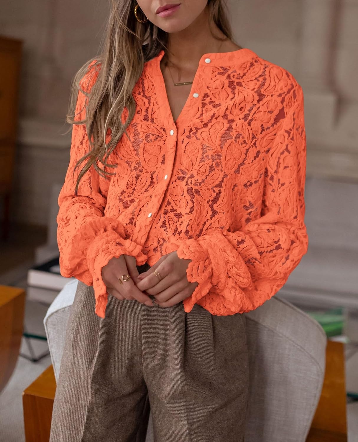 image:imagePRETTYGARDEN Womens Fall Trendy Long Sleeve Lace TopsOrange