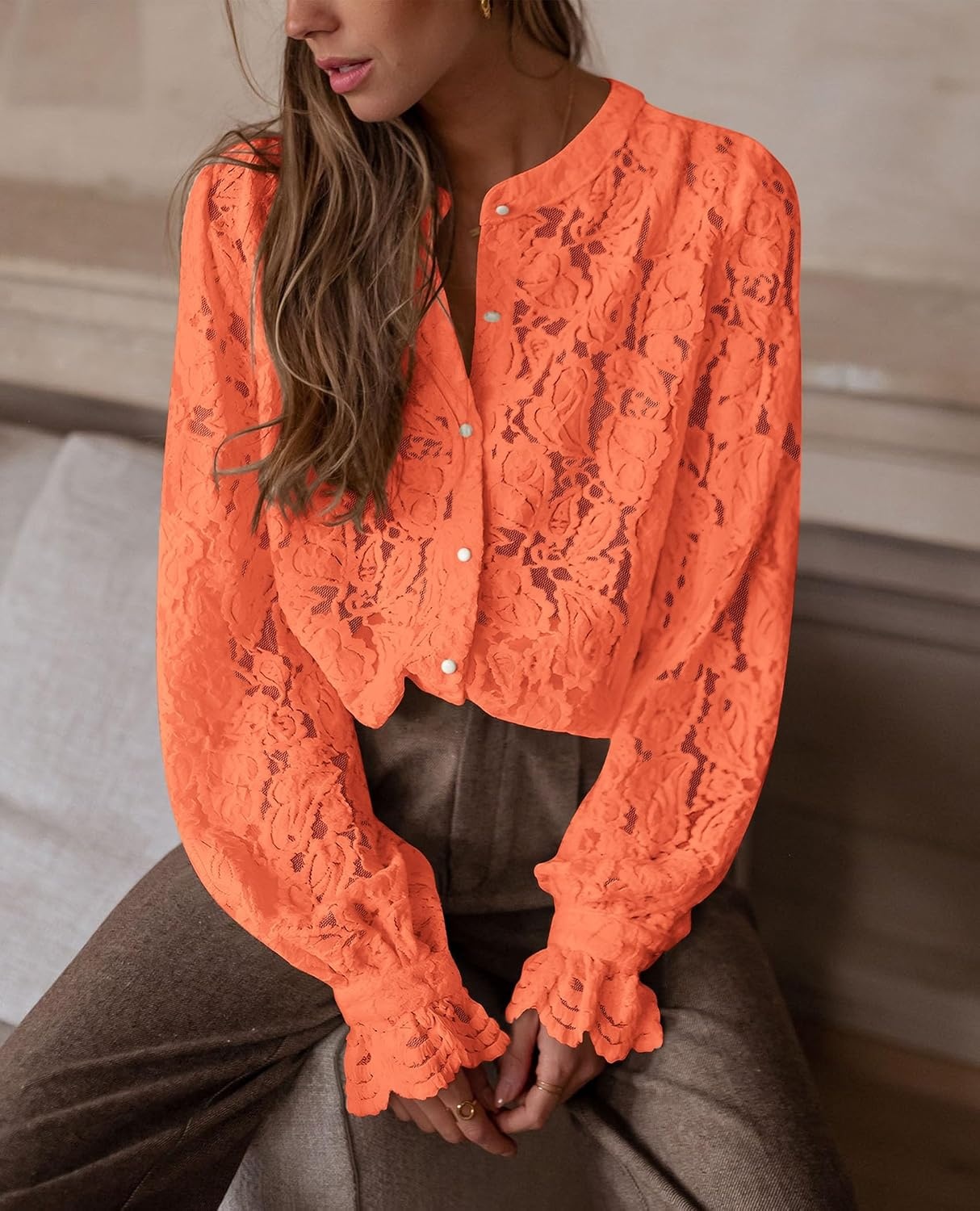 image:imagePRETTYGARDEN Womens Fall Trendy Long Sleeve Lace TopsOrange