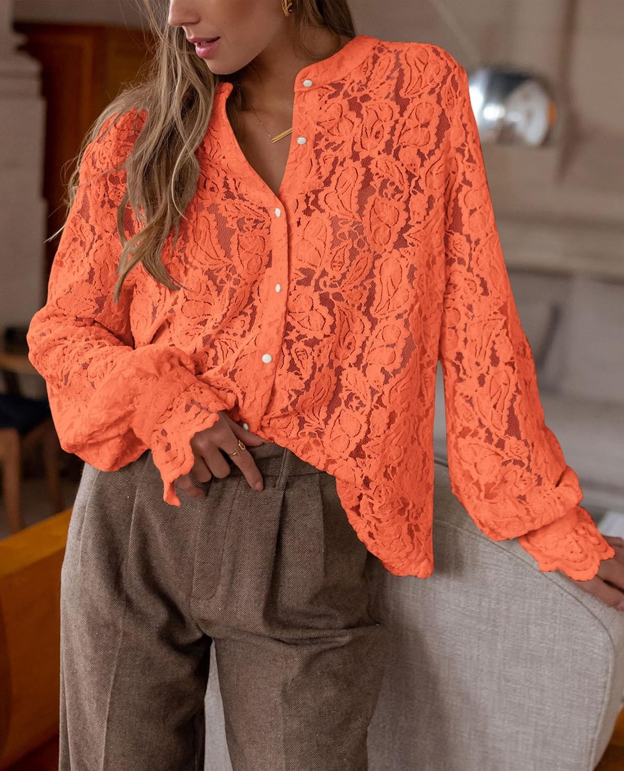 image:imagePRETTYGARDEN Womens Fall Trendy Long Sleeve Lace TopsOrange