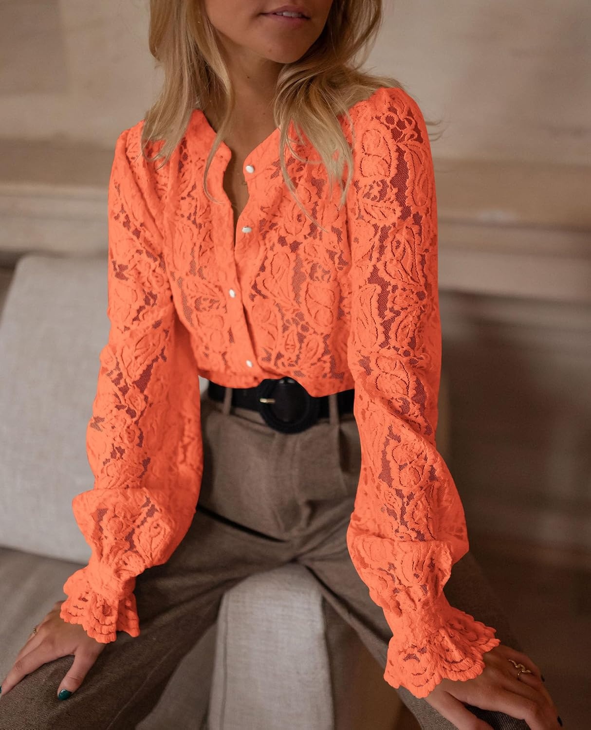 image:imagePRETTYGARDEN Womens Fall Trendy Long Sleeve Lace TopsOrange