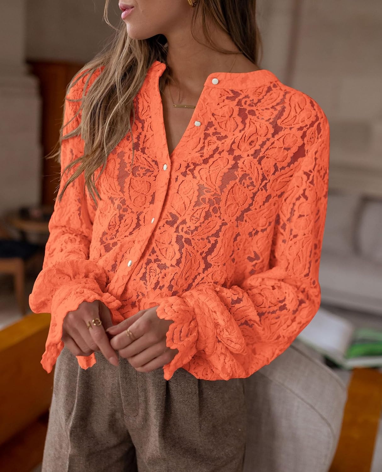 image:imagePRETTYGARDEN Womens Fall Trendy Long Sleeve Lace TopsOrange