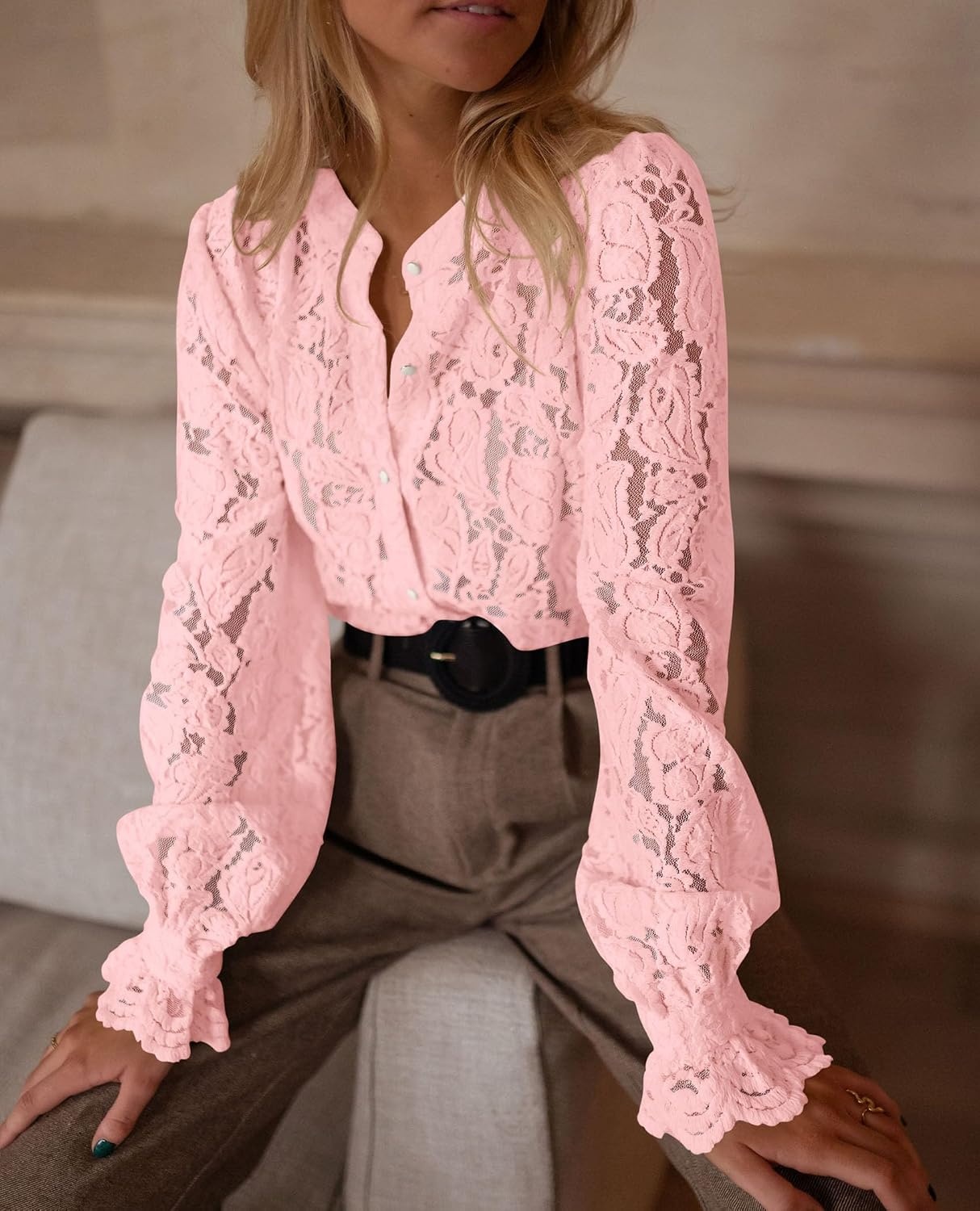 image:imagePRETTYGARDEN Womens Fall Trendy Long Sleeve Lace TopsPink