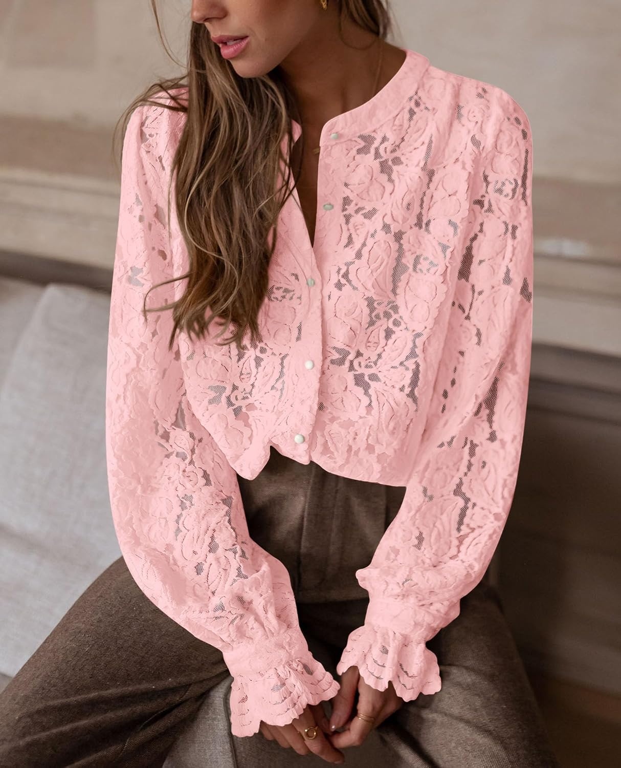 image:imagePRETTYGARDEN Womens Fall Trendy Long Sleeve Lace TopsPink