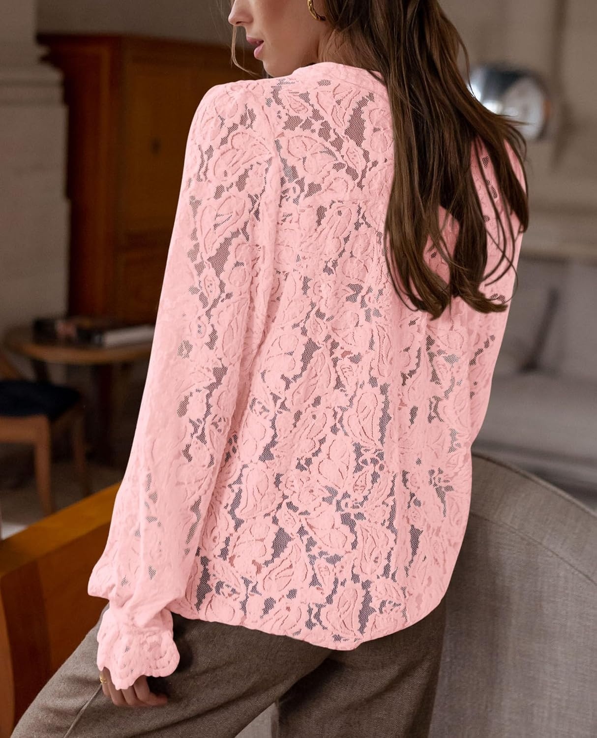 image:imagePRETTYGARDEN Womens Fall Trendy Long Sleeve Lace TopsPink