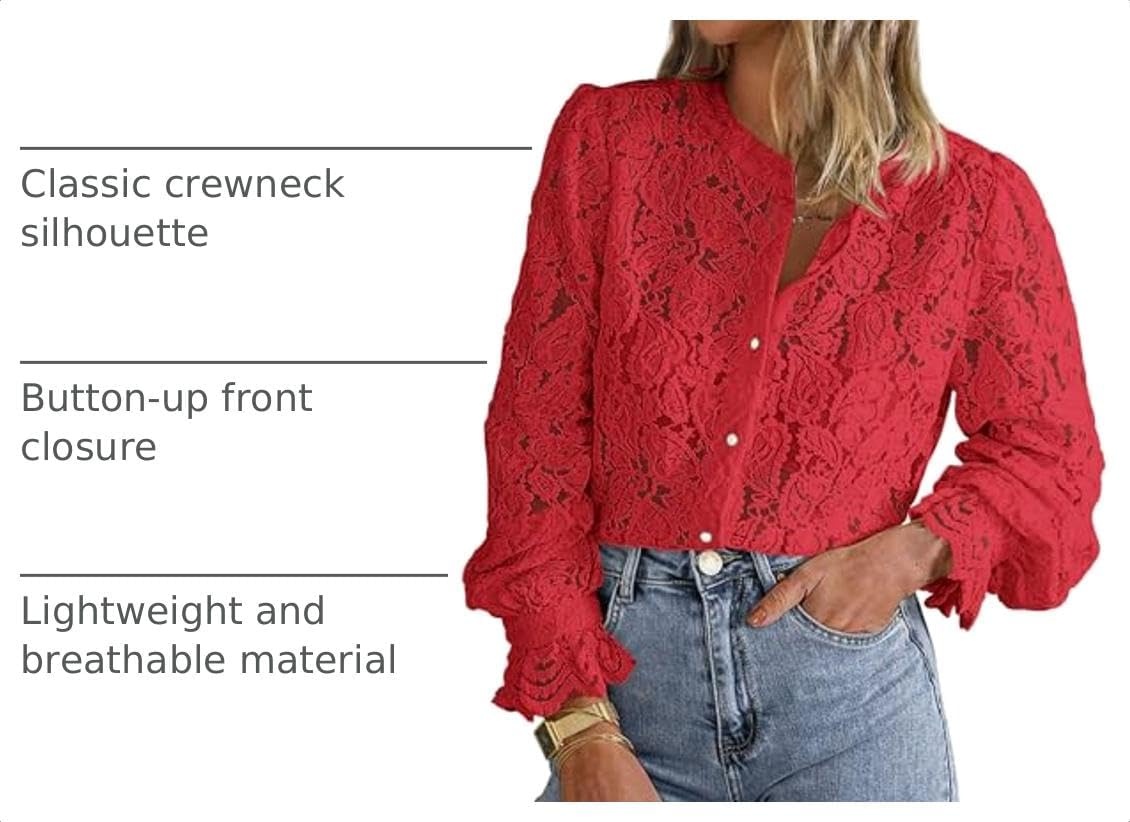 image:imagePRETTYGARDEN Womens Fall Trendy Long Sleeve Lace TopsRed