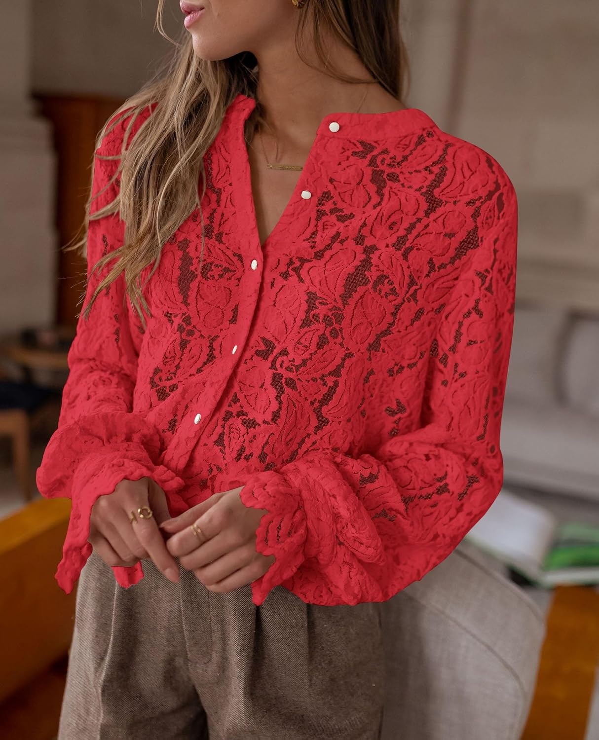 image:imagePRETTYGARDEN Womens Fall Trendy Long Sleeve Lace TopsRed