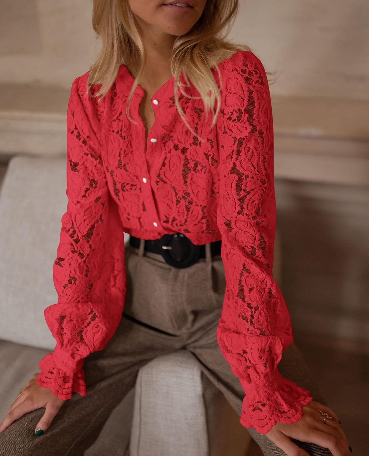 image:imagePRETTYGARDEN Womens Fall Trendy Long Sleeve Lace TopsRed