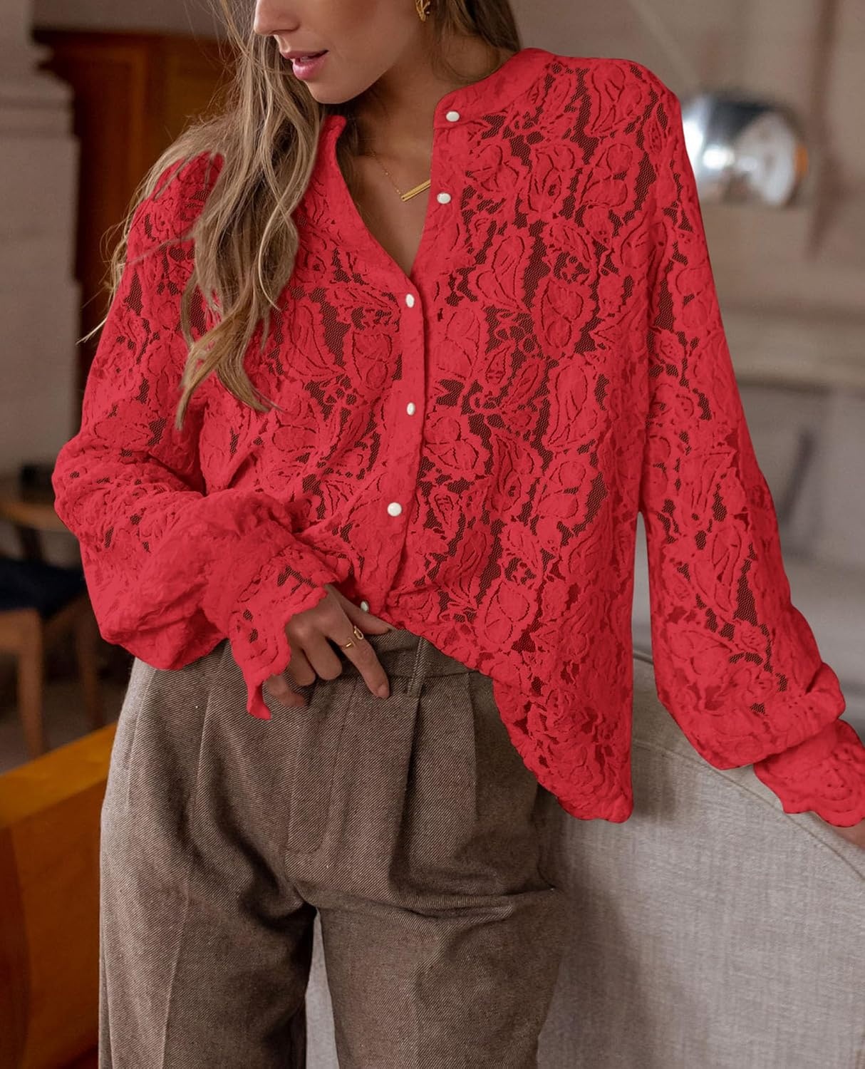 image:imagePRETTYGARDEN Womens Fall Trendy Long Sleeve Lace TopsRed