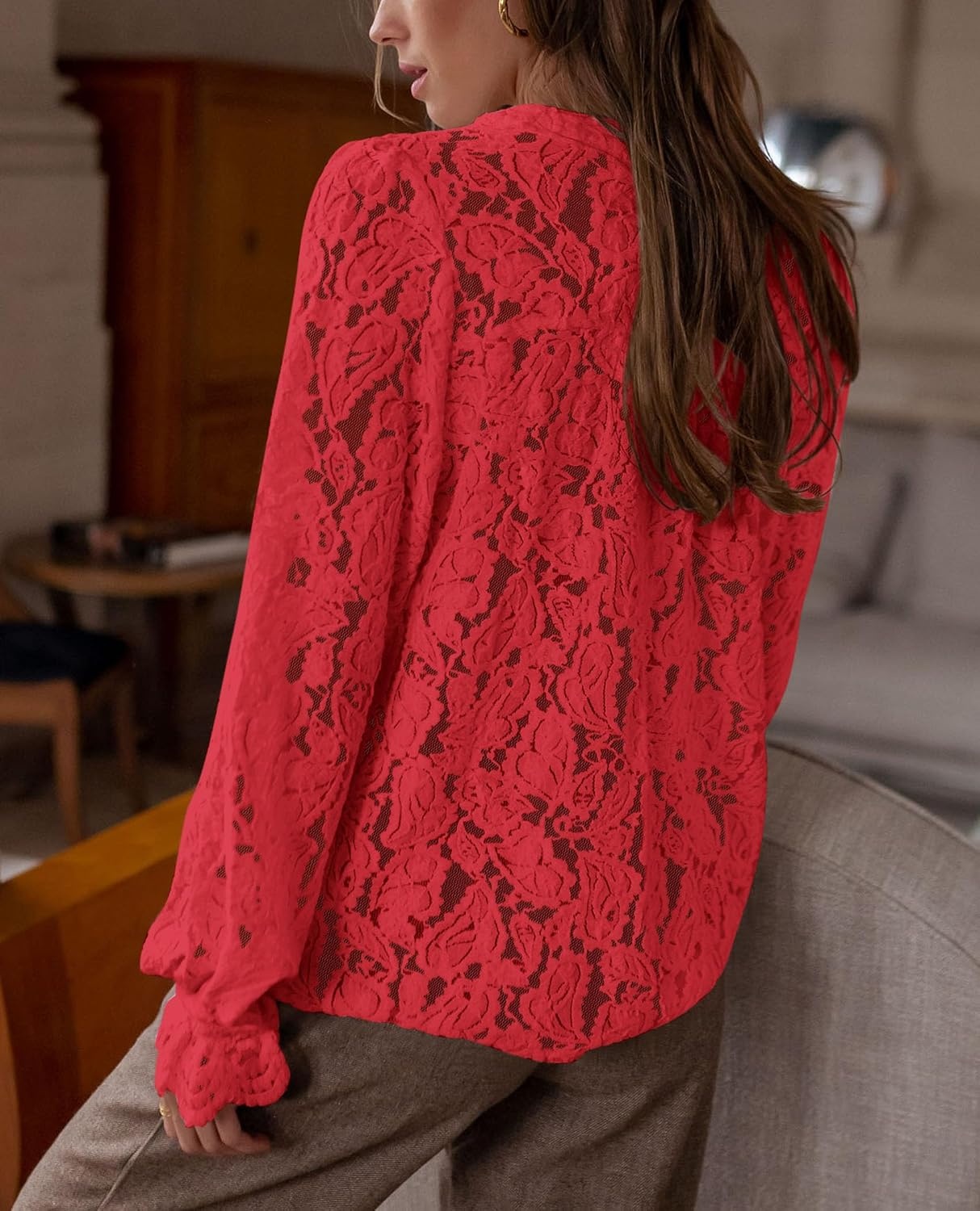 image:imagePRETTYGARDEN Womens Fall Trendy Long Sleeve Lace TopsRed