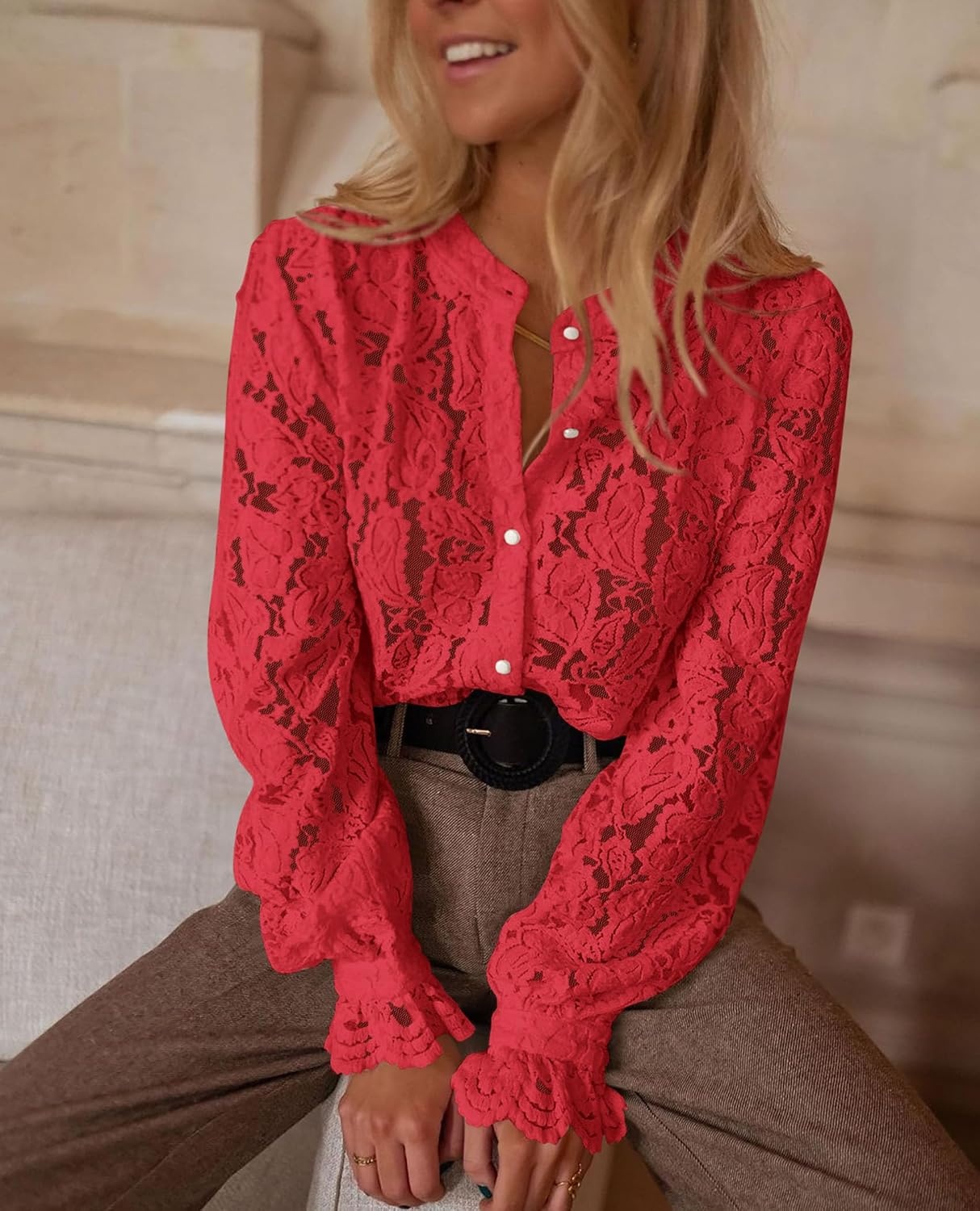 image:imagePRETTYGARDEN Womens Fall Trendy Long Sleeve Lace TopsRed