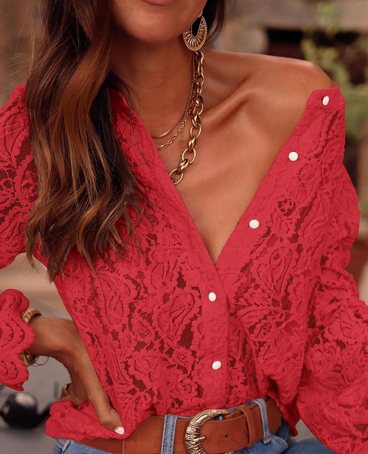 image:imagePRETTYGARDEN Womens Fall Trendy Long Sleeve Lace TopsRed