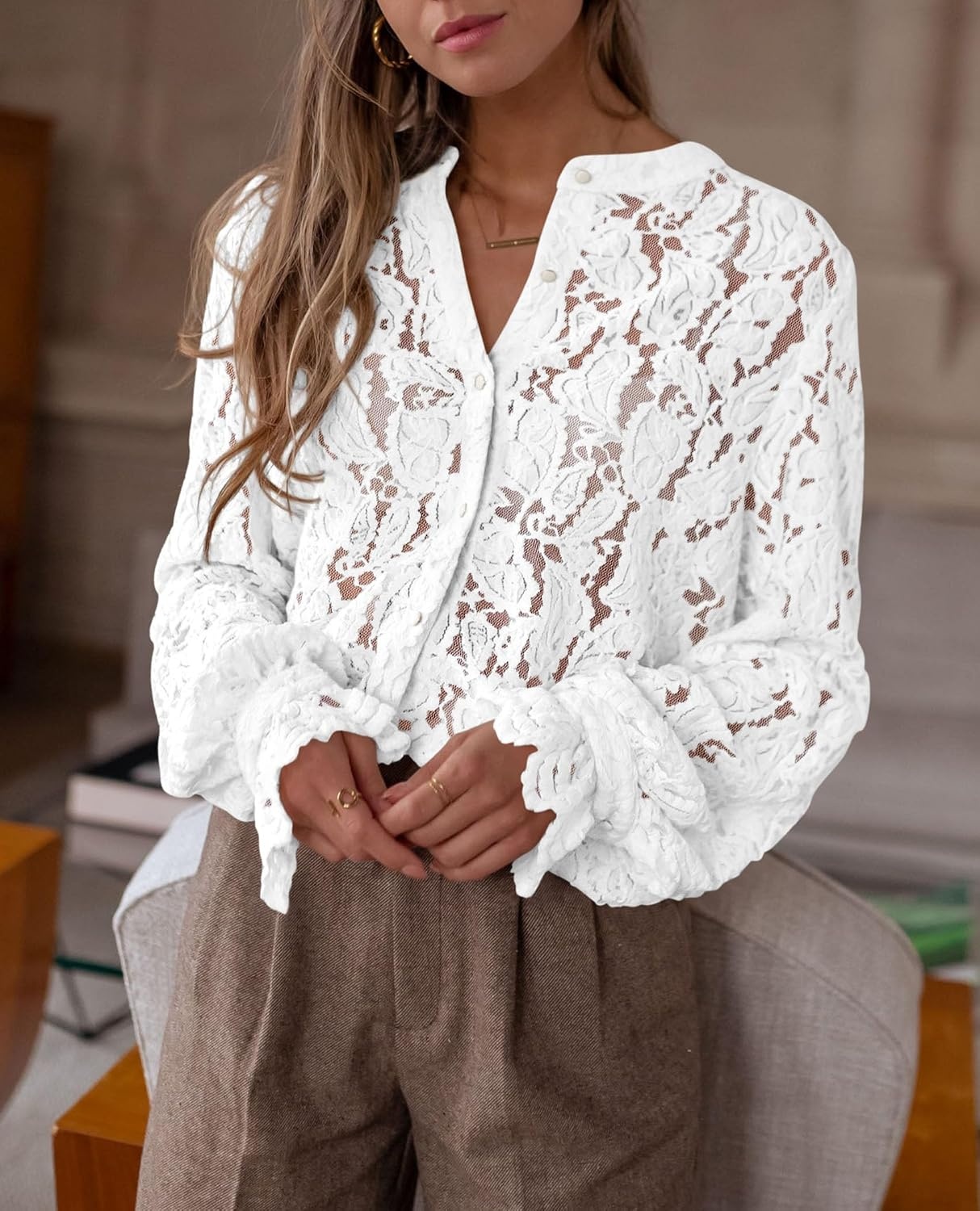 image:imagePRETTYGARDEN Womens Fall Trendy Long Sleeve Lace TopsWhite