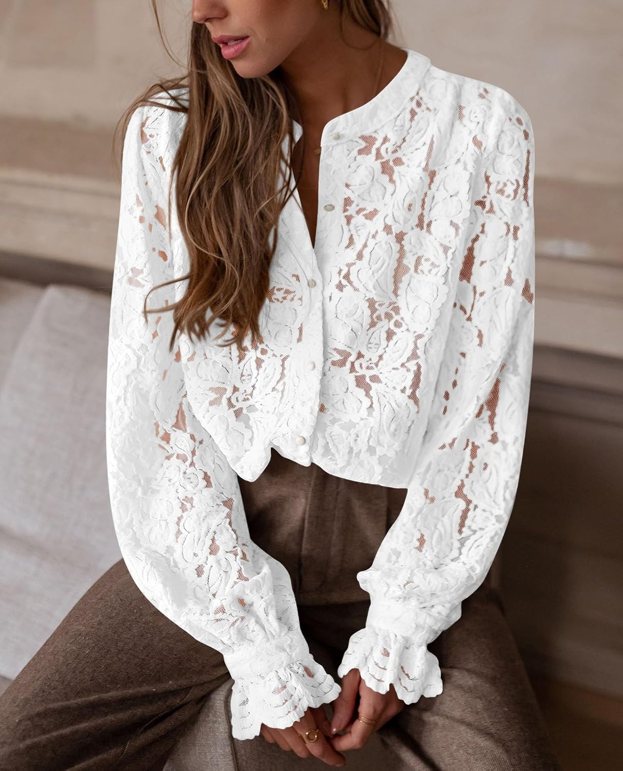 image:imagePRETTYGARDEN Womens Fall Trendy Long Sleeve Lace TopsWhite
