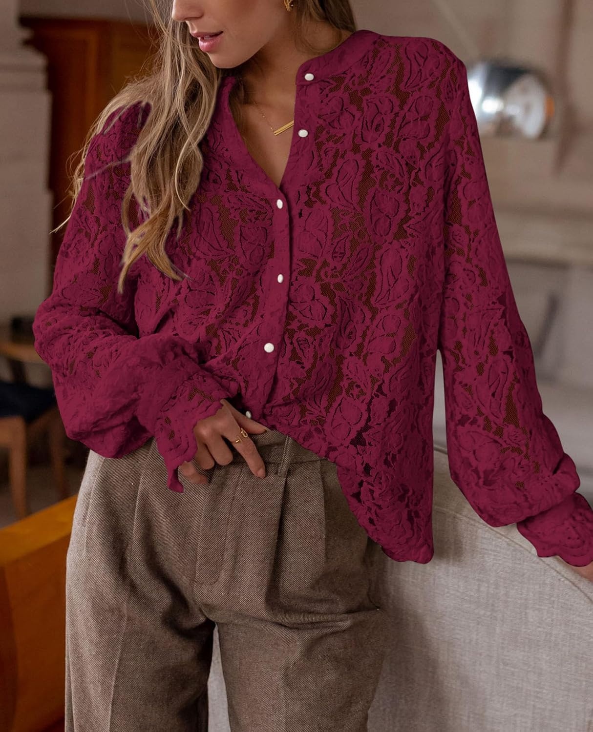 image:imagePRETTYGARDEN Womens Fall Trendy Long Sleeve Lace TopsWine Red