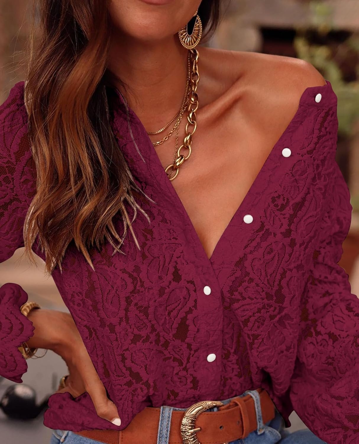 image:imagePRETTYGARDEN Womens Fall Trendy Long Sleeve Lace TopsWine Red
