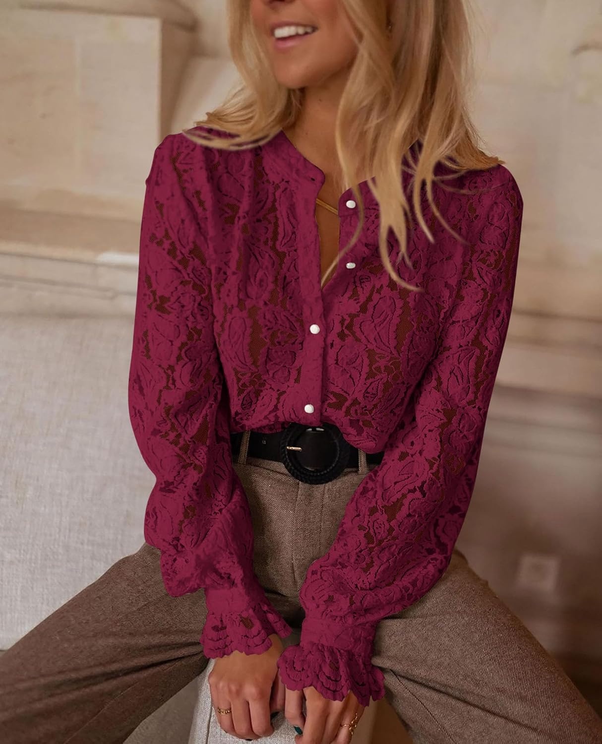 image:imagePRETTYGARDEN Womens Fall Trendy Long Sleeve Lace TopsWine Red