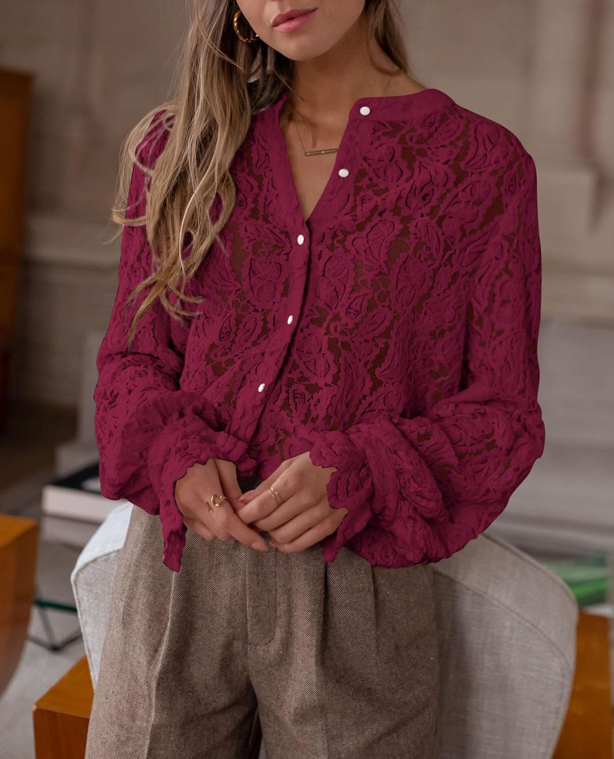image:imagePRETTYGARDEN Womens Fall Trendy Long Sleeve Lace TopsWine Red