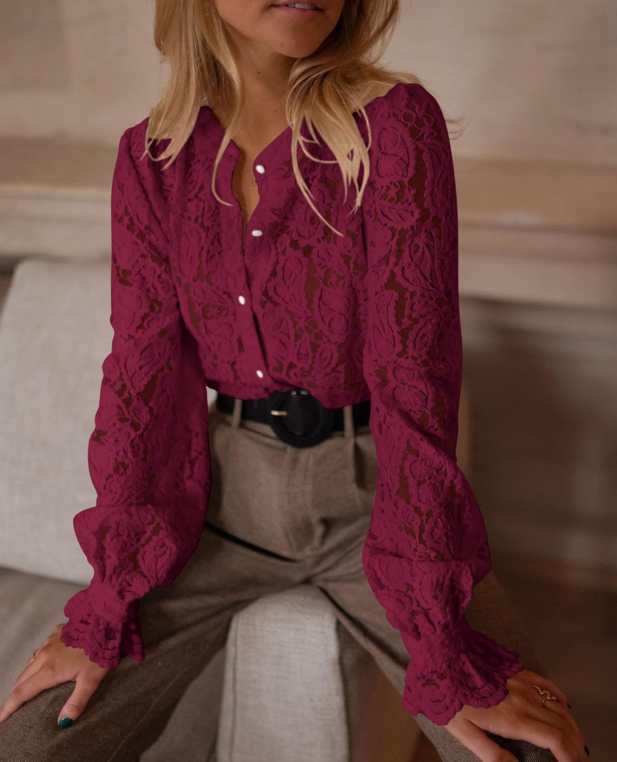 image:imagePRETTYGARDEN Womens Fall Trendy Long Sleeve Lace TopsWine Red
